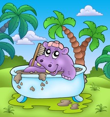 Sticker - Cute hippo taking mud bath