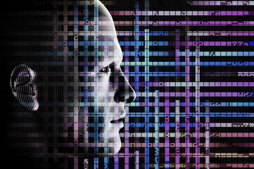 man and computer code. 3d futuristic illustration.