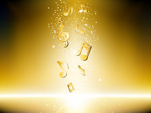 Golden Background With Music Notes And Stars.