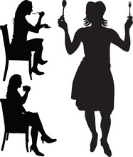 Woman Eat And Drink Silhouette Vector