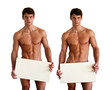 © Vladimir Wrangel - Naked Muscular Man Covering with a Box Isolated on White