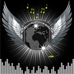 Wall Mural - World globe disco ball with wings, headphone and jack