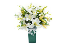 White And Yellow Lilly Bouquet Vase On White Background