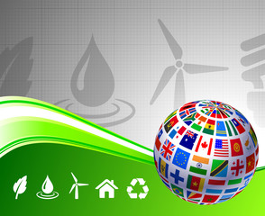 Wall Mural - Flags Globe on Green Nature Background