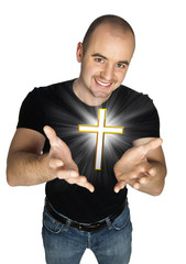 Wall Mural - man offer christian cross