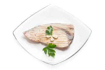 Sticker - dish with grilled swordfish  on white