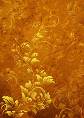 Poster - Golden floral pattern, grunge textured background.