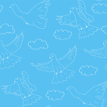 Seamless Blue Pattern With Doves And Clouds