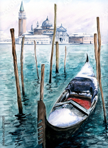 Naklejka - mata magnetyczna na lodówkę Gondola in winter-watercolor.My own artwork.