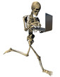 Running skeleton with laptop on white background