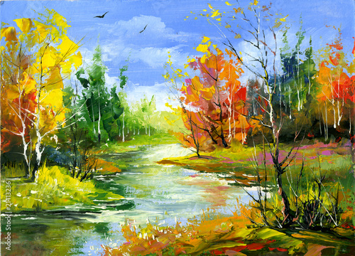 Plakat Jesień krajobraz z drewnianą rzeką