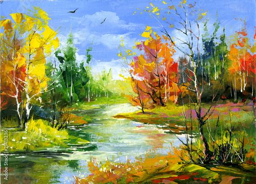 Obraz w ramie Autumn landscape with the wood river