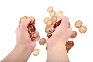 Two hand hold coins