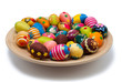 Lots of easter eggs on wooden plate