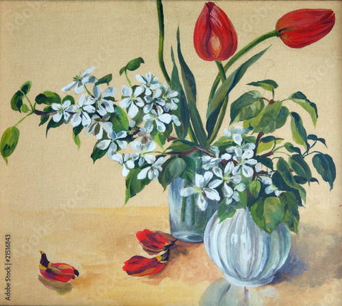 Fototapeta na wymiar Tulips and cherry. Painting by a gouache