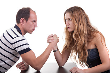 one woman and one man wrestling