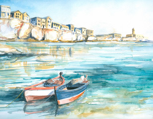 Fototapeta Boats in bay watercolor painted