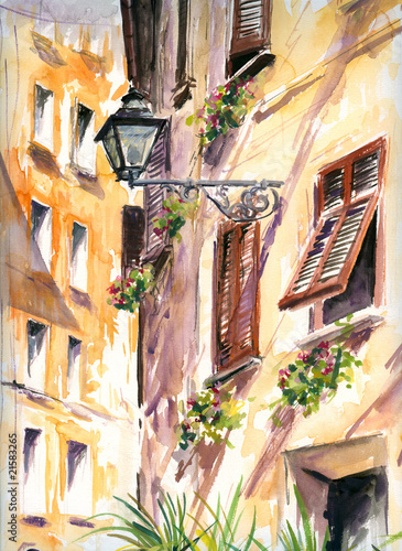 Naklejka ścienna Italian street with lantern watercolor painted.