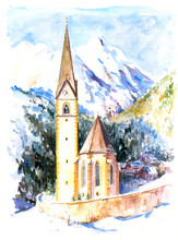 Church Heiligenblut,Austria.My Own Watercolor Painting.