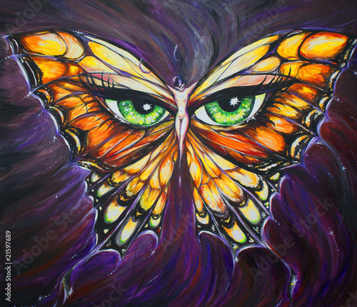 Obraz w ramie Woman-butterfly acrylic painted.