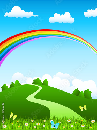 Foto-Banner aus PVC - Hügellandschaft mit Regenbogen (von djdarkflower)