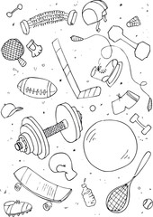 Poster - illustraition of sports accessories, hand drawn design set.