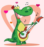 Fototapeta Dinusie - Happy dinosaur plays guitar with heart background