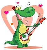 Fototapeta Dinusie - Dinosaur plays guitar with heart background