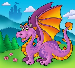 Canvas Print - Giant purple dragon with old castle