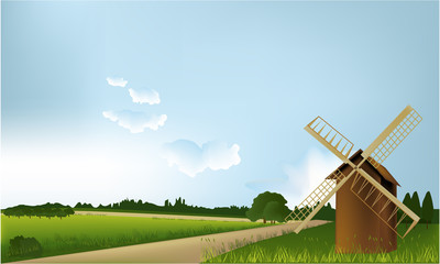 Wall Mural - Green landscape with mill