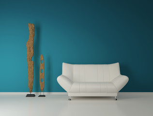 Modern couch and two abstract statues on blue background