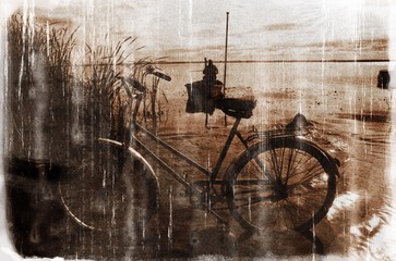 Old bicycle in the reed and lonely fisherman (vintage style)