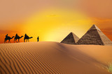 Fototapeta Zachód słońca - Pyramid, camel and sunset