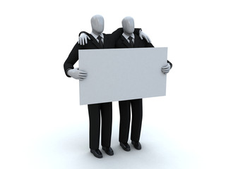 two business friends hold an advertising board