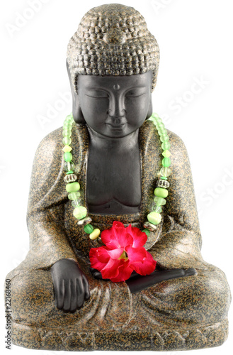 Bouddha Assis Collier Vert Et Fleur Rose Du Désert Fond