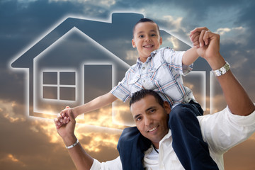 Wall Mural - Father and Son Over Clouds, Sky and House Icon.