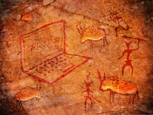 Hunters On Cave Paint Digital Illustration With Notebook