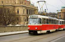 Famous Red Tram In Prague, Czech Republic
