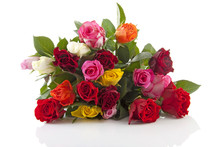 Bouquet Of Colorful Roses Over White Background