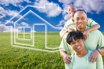 Wall Mural - Family Over Grass Field, Clouds, Sky and House Icon