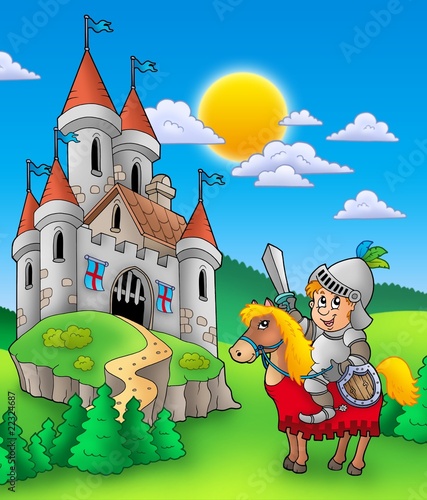 Naklejka na drzwi Knight on horse with castle