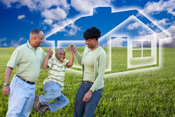 Wall Mural - Family Over Grass Field, Clouds, Sky and House Icon