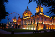 Belfast City Hall And Belfast Eye At Dusk.