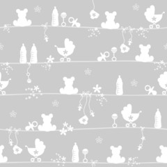 Poster - Seamless Pattern Baby Symbols Grey