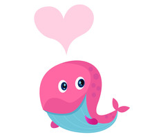 Cute Pink Whale With Heart Shape In Love. Vector Illustration.