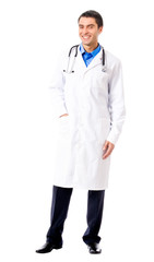 Full body of happy doctor, isolated on white