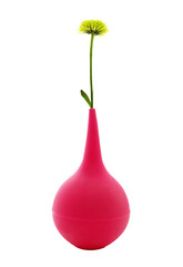 pink rubber enema with green natural flower in it isolated on wh