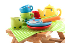 Wooden Picnic Table With Crockery