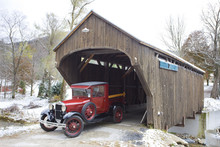 Covered Wooden Bridge With Old Car, Vermont, USA