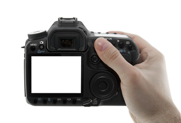 Photo camera in hand with clipping path